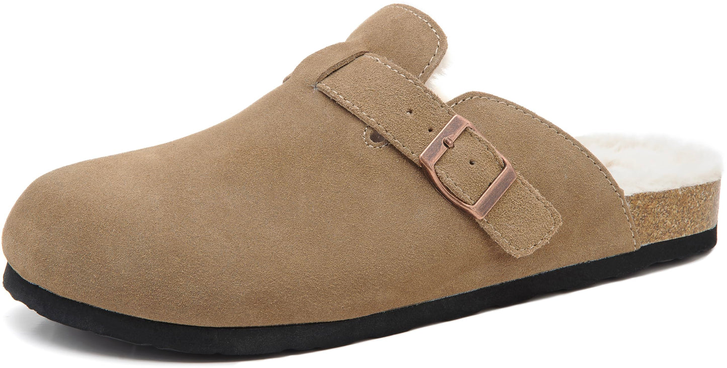Erica Women's Cork Footbed Clogs Genuine Soft Suede Fuzzy Faux Fur Lined Comfort Cushioned Mule Slide Shoes