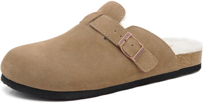 Erica Women's Cork Footbed Clogs Genuine Soft Suede Fuzzy Faux Fur Lined Comfort Cushioned Mule Slide Shoes
