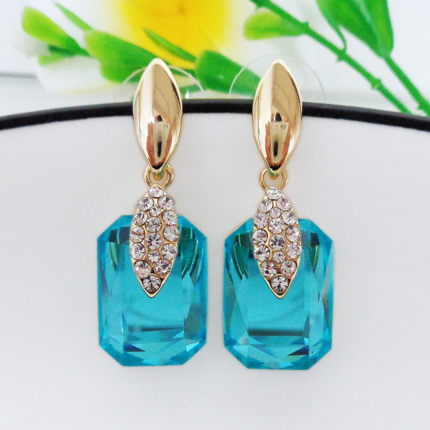 Navachi 18k Gold Plated Crystal Multicolor Square Shape Zircon Dangle Earrings And Neckalce Pendant Az4020-1 Jewelry set