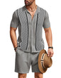 COOFANDY Men's 2 Piece Outfit Vintage Short Sleeve Button Down Knit Polo Shirts Casual Beach Shorts Sets