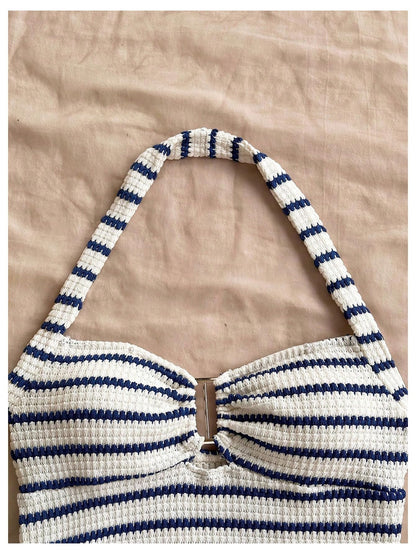 SOLY HUX Women's Summer 2 Piece Outfits Striped Crochet Halter Top Mini Shorts Set Beach Vacation Y2K Sets