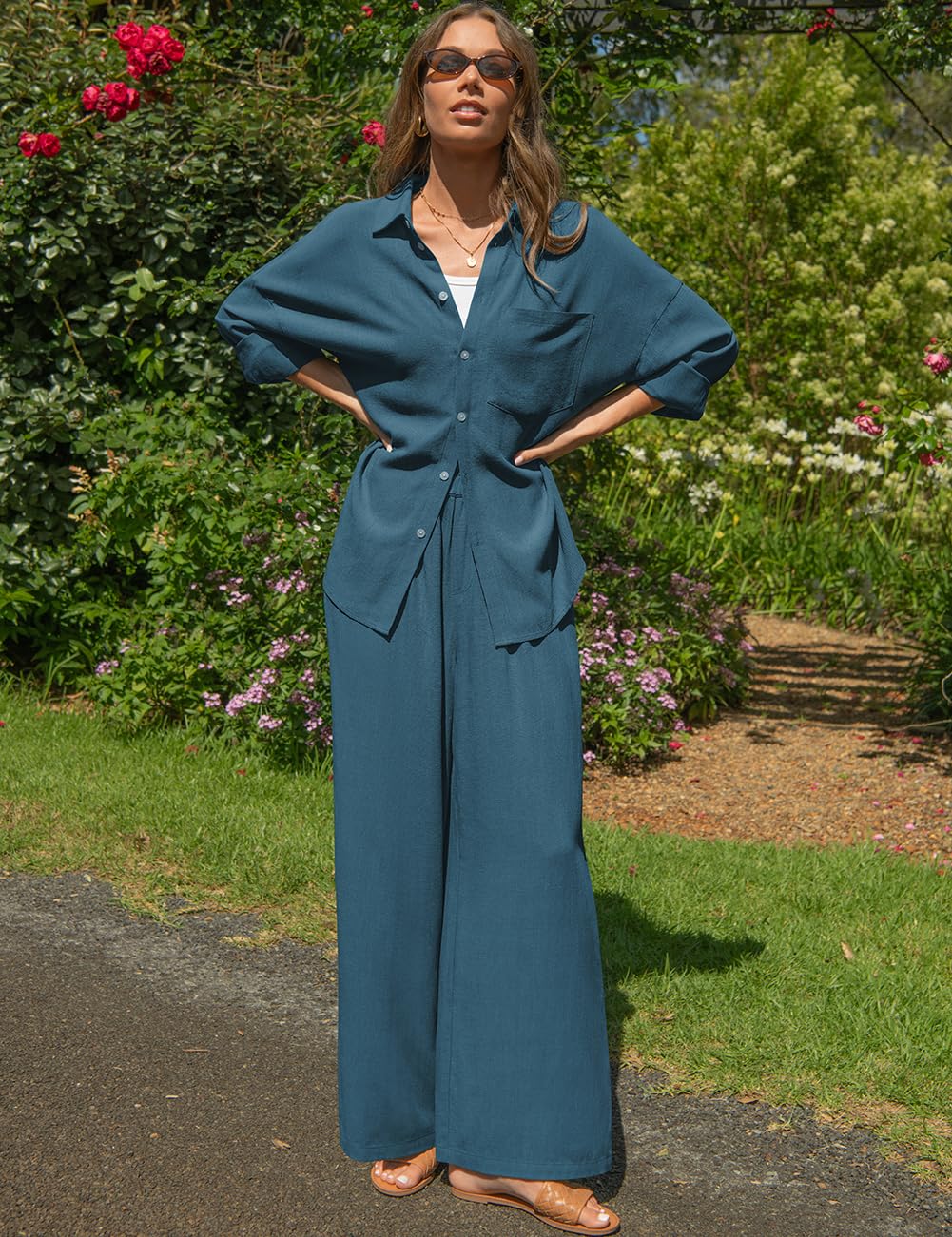 TARSE Womens Linen 2 Piece Outfits Casual Lounge Sets | Long Sleeve, Button Down Shirt and Wide Leg Pants, loose fit linen, vacation outfits with Pockets