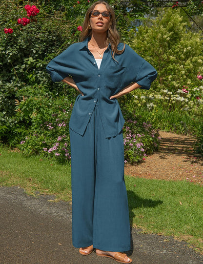 TARSE Womens Linen 2 Piece Outfits Casual Lounge Sets | Long Sleeve, Button Down Shirt and Wide Leg Pants, loose fit linen, vacation outfits with Pockets