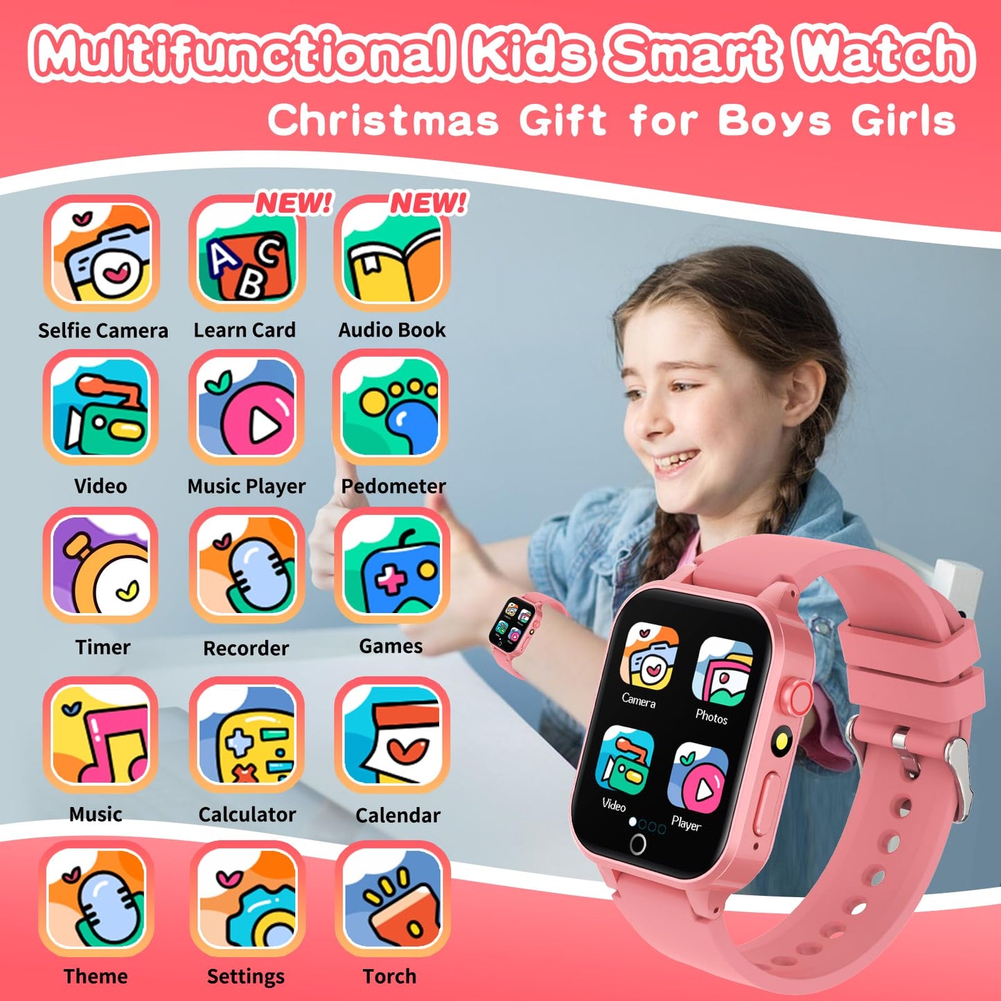 Kids Smart Watch Gift for Girls Age 5-12, 39 Games HD Touch Screen Watches with Video Camera Music Player Pedometer Flashlight 12/24 hr Educational Toys Birthday Gifts for Girls Ages 7 8 9 10