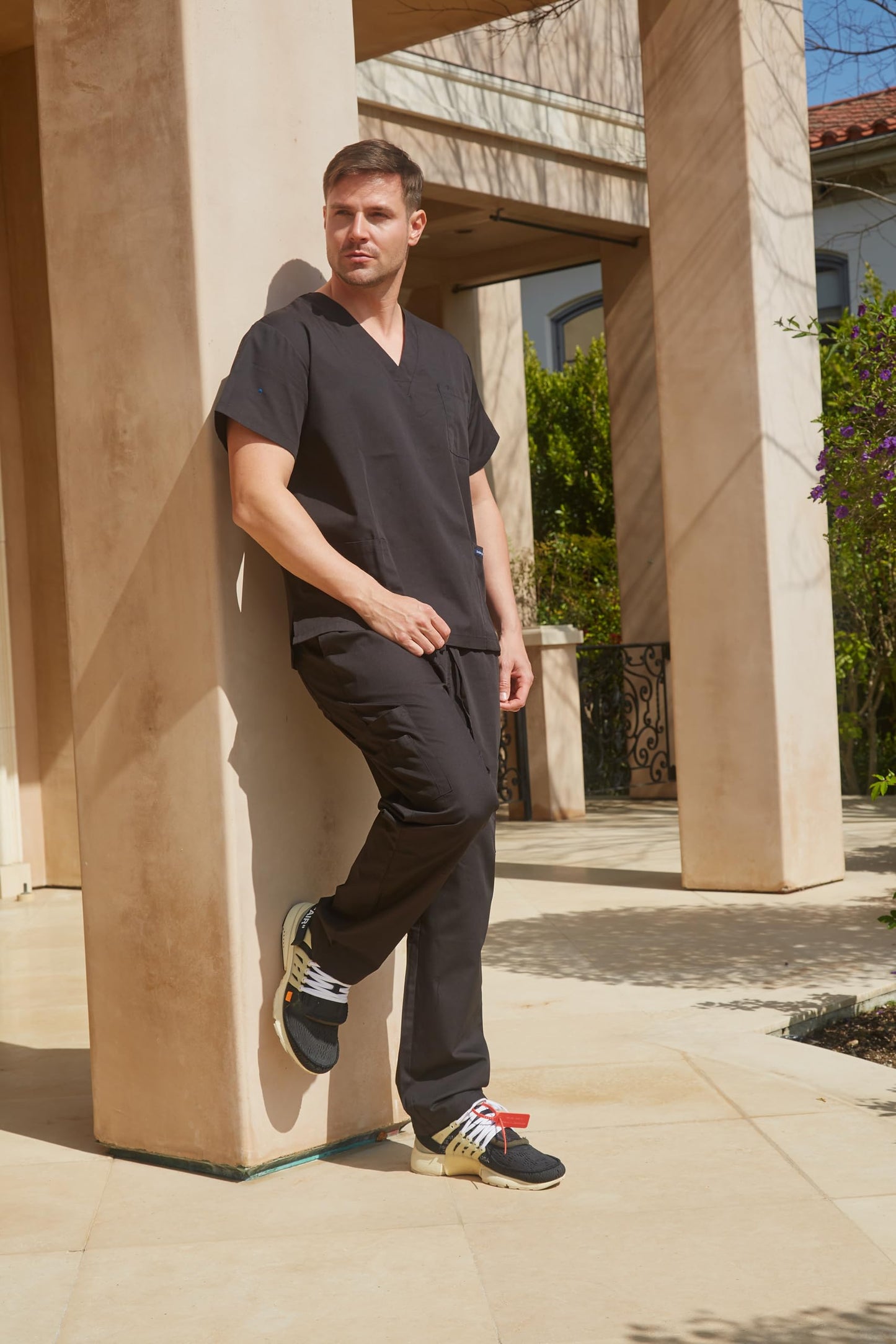 Dagacci Medical Uniform® Men's V-Neck Cargo Scrubs | Cotton Blend, Matching Top and Cargo Pants Set, 8 Pockets, Elastic Drawcord Waistband, for Men in Healthcare