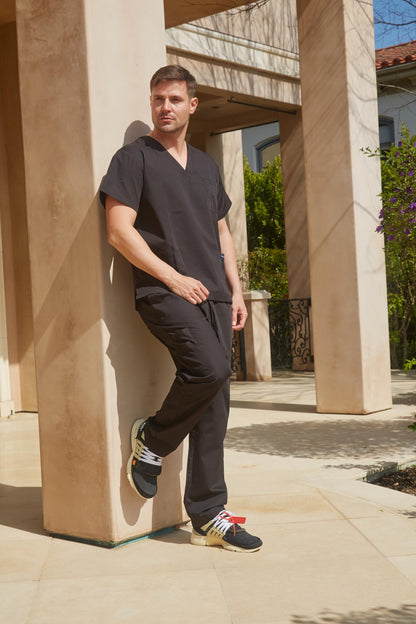 Dagacci Medical Uniform® Men's V-Neck Cargo Scrubs | Cotton Blend, Matching Top and Cargo Pants Set, 8 Pockets, Elastic Drawcord Waistband, for Men in Healthcare