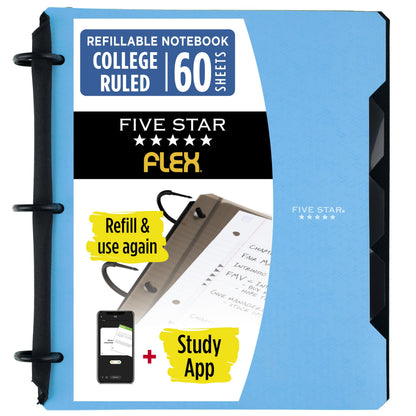 Five Star Flex Refillable Notebook + Study App 1 Inch O-Rings Binder with Pockets Tabs and Dividers, 220 Sheet Capacity, Includes 60 Sheets 8.5" x 11" College Ruled Paper, Amethyst (29328AB6)