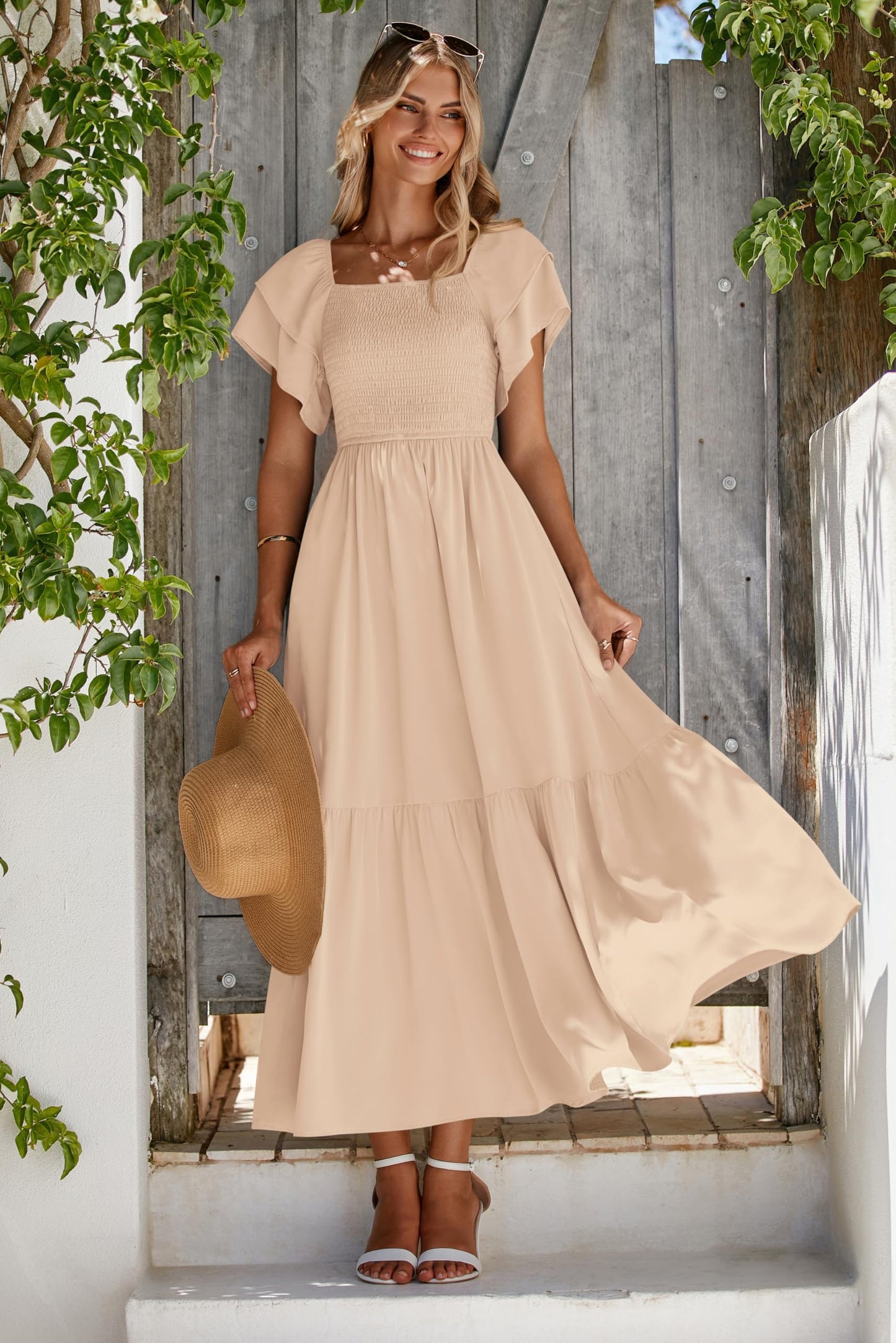 MASCOMODA Womens Summer Casual Midi Dress Square Neck Ruffle Short Sleeve Smocked High Waist A Line Wedding Guest Dresses