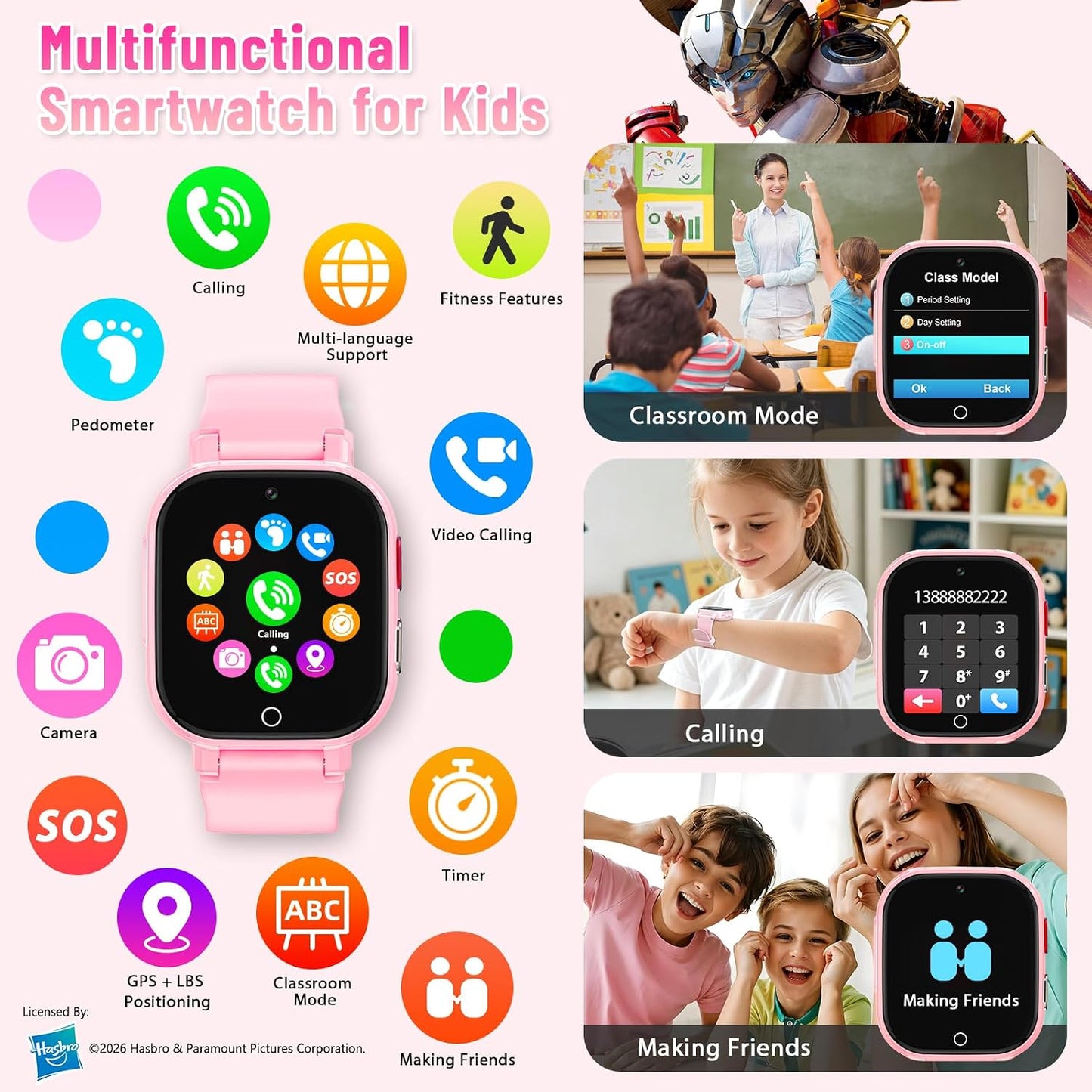 Transformers 4G Kids Smart Watch Phone, GPS, Video Call, Waterproof - Pink | Smartwatch for Boys Girls Ages 4-12, Class Mode, SOS, Camera, Alarm, Touch Screen, Gifts with Bonus Woven Strap & SIM Card