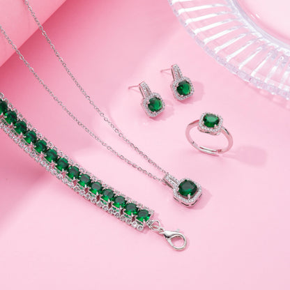 Paxuan 4pcs Cubic Zirconia Wedding Jewelry Sets for Bride Bridesmaid Cubic Zirconia Pendant Necklace Earrings Link Tennis Bracelet Open Ring Set for Women