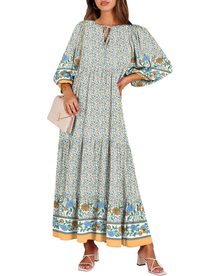 ANRABESS Womens Boho Floral 3/4 Puff Sleeve Maxi Dress | Tiered Flowy Loose Fit, Comfy Soft Rayon Fabric, Wedding Guest Church Beach, Modest Elegant, Spring Summer Fall Outfits