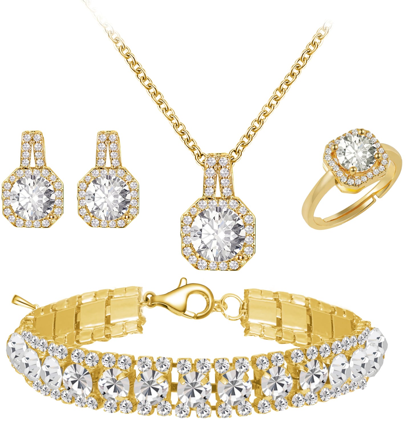 Paxuan 4pcs Cubic Zirconia Wedding Jewelry Sets for Bride Bridesmaid Cubic Zirconia Pendant Necklace Earrings Link Tennis Bracelet Open Ring Set for Women
