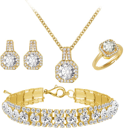 Paxuan 4pcs Cubic Zirconia Wedding Jewelry Sets for Bride Bridesmaid Cubic Zirconia Pendant Necklace Earrings Link Tennis Bracelet Open Ring Set for Women