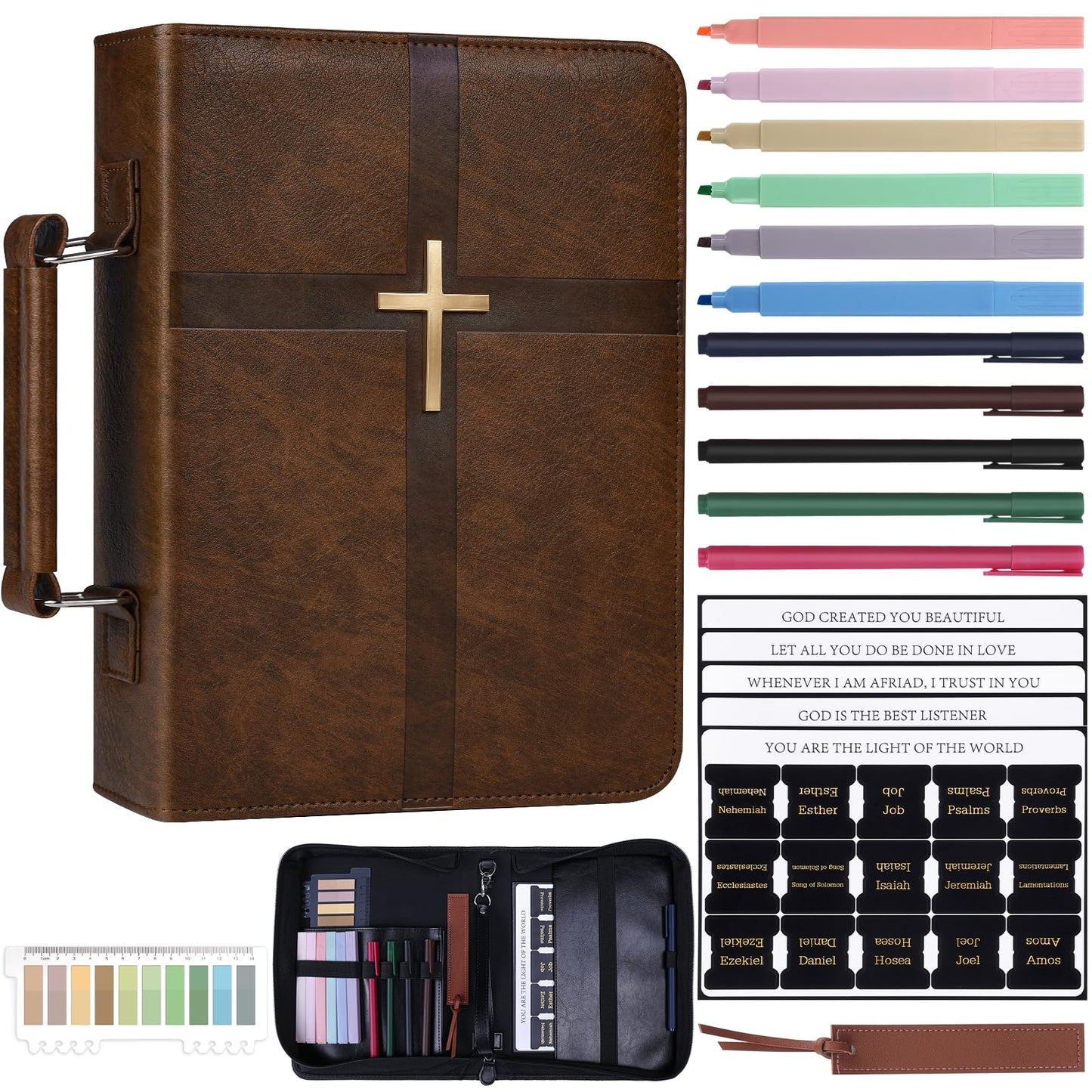 XKDOUS 20 Pcs Bible Case Set with Tabs, Pens, Study Supplies Carrier Holder Portable Men's Bible Bag Church Book Leather Cover Father Day Christian Gift for Dad, Mom, Men, Women
