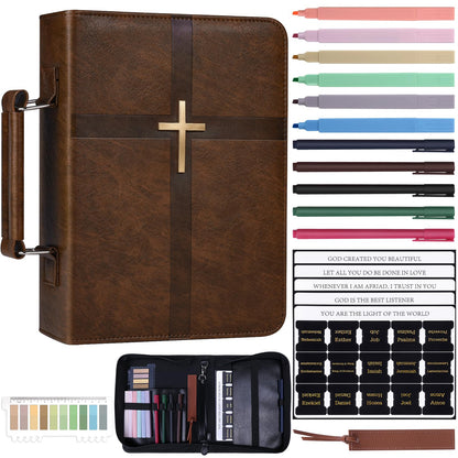 XKDOUS 20 Pcs Bible Case Set with Tabs, Pens, Study Supplies Carrier Holder Portable Men's Bible Bag Church Book Leather Cover Father Day Christian Gift for Dad, Mom, Men, Women