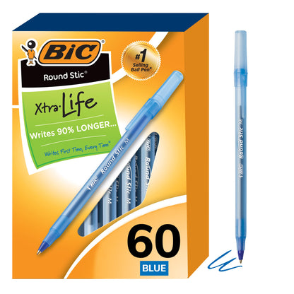 BIC Round Stic Xtra Life Assorted Ink Ballpoint Pens, Medium Point (1.0mm), 60-Count Pack of Bulk Pens, Flexible Round Barrel for Comfortable Writing, No. 1 Selling Ballpoint Pens