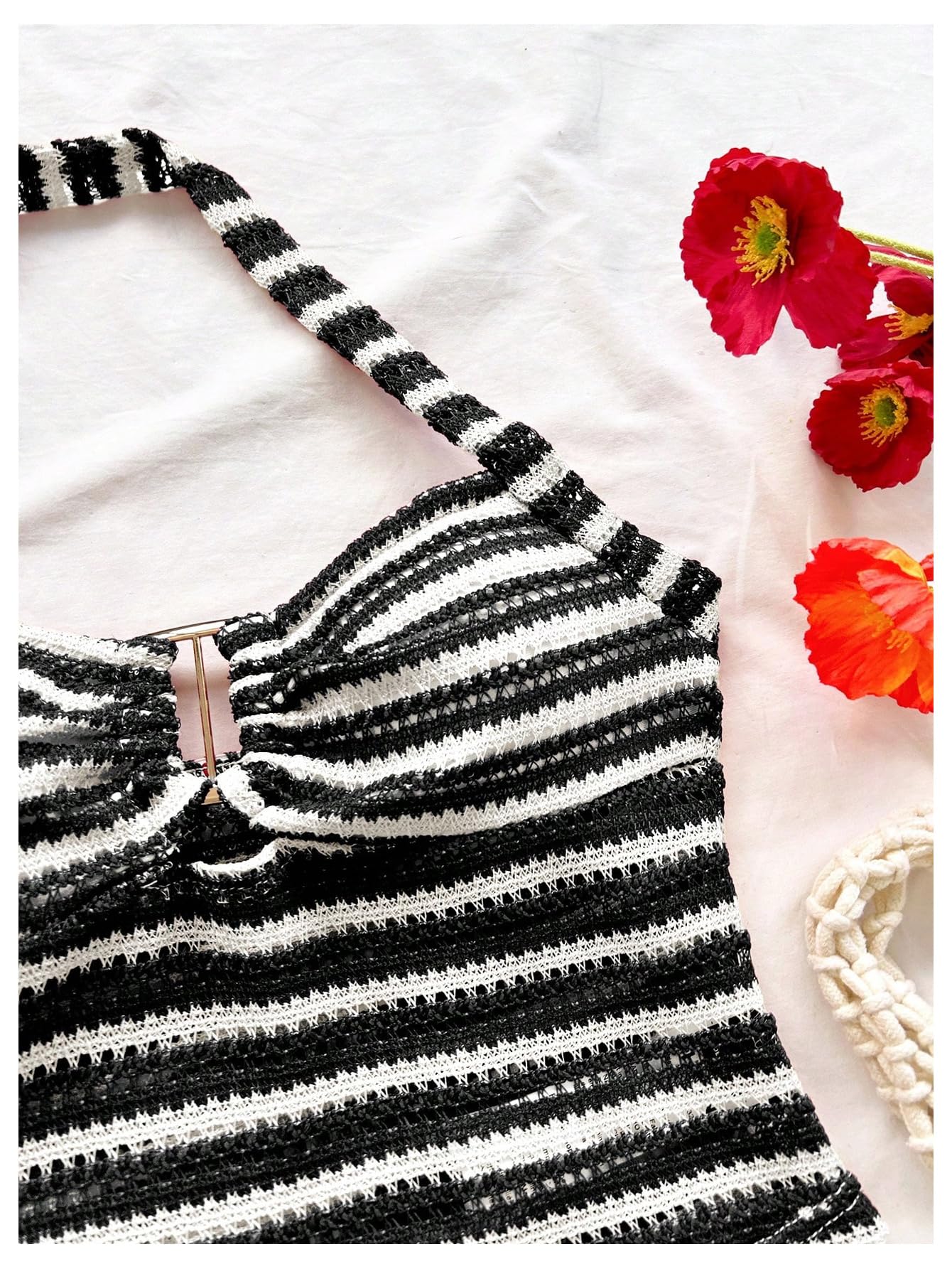 SOLY HUX Women's Summer 2 Piece Outfits Striped Crochet Halter Top Mini Shorts Set Beach Vacation Y2K Sets