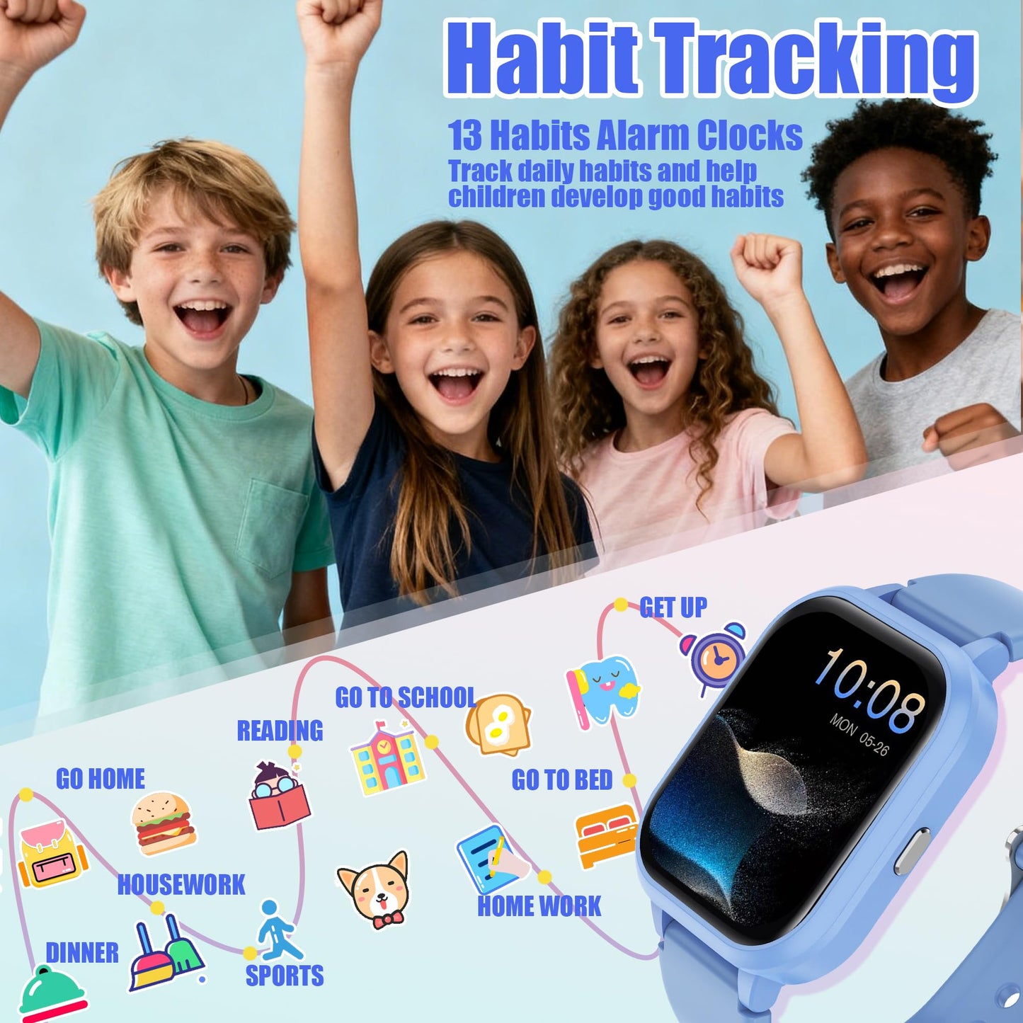 Kids Smart Watch 4-15 Ys, Standalone&APP Dual Use, Bluetooth Call, Kid Gift | 1.8'' IP68 Boys Girls Fitness Tracker, DIY Sports Modes, Heart Rate&Sleep Monitor, 13 Alarms, Weather, Smart Reminder, Games