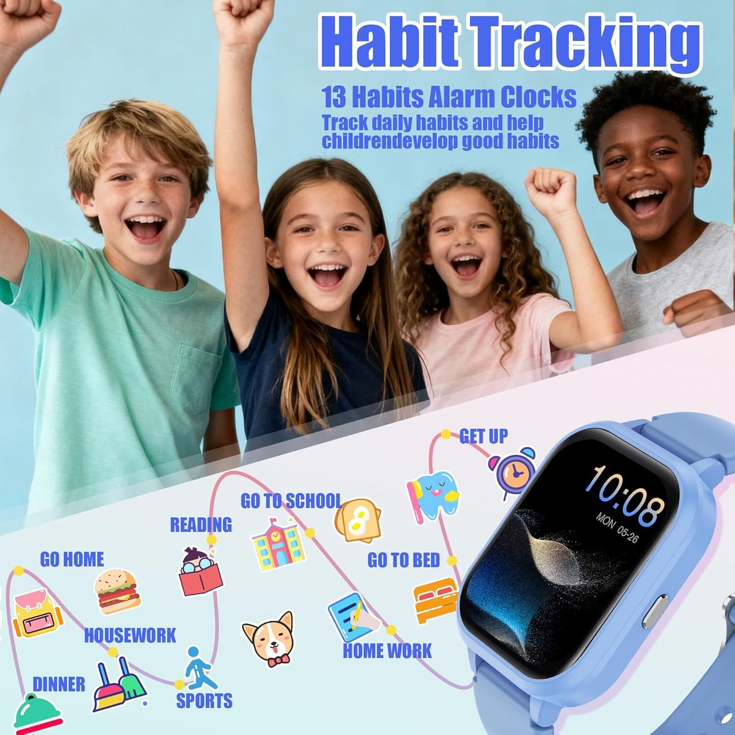 Kids Smart Watch 4-15 Ys, Standalone&APP Dual Use, Bluetooth Call, Kid Gift | 1.8'' IP68 Boys Girls Fitness Tracker, DIY Sports Modes, Heart Rate&Sleep Monitor, 13 Alarms, Weather, Smart Reminder, Games