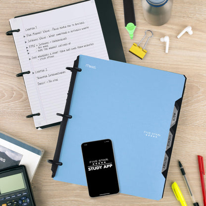 Five Star Flex Refillable Notebook + Study App 1 Inch O-Rings Binder with Pockets Tabs and Dividers, 220 Sheet Capacity, Includes 60 Sheets 8.5" x 11" College Ruled Paper, Amethyst (29328AB6)