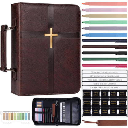 XKDOUS 20 Pcs Bible Case Set with Tabs, Pens, Study Supplies Carrier Holder Portable Men's Bible Bag Church Book Leather Cover Father Day Christian Gift for Dad, Mom, Men, Women