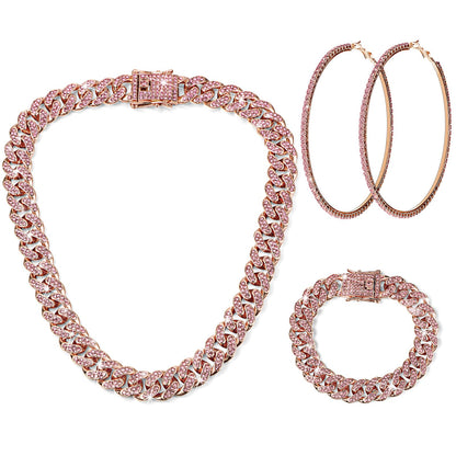 Batiyeer 3 Pcs Cuban Link Chain Necklace Bracelet Rhinestone Hoop Earrings Bling Crystal Hip Hop Jewelry for Women(18 Inch,Gold)