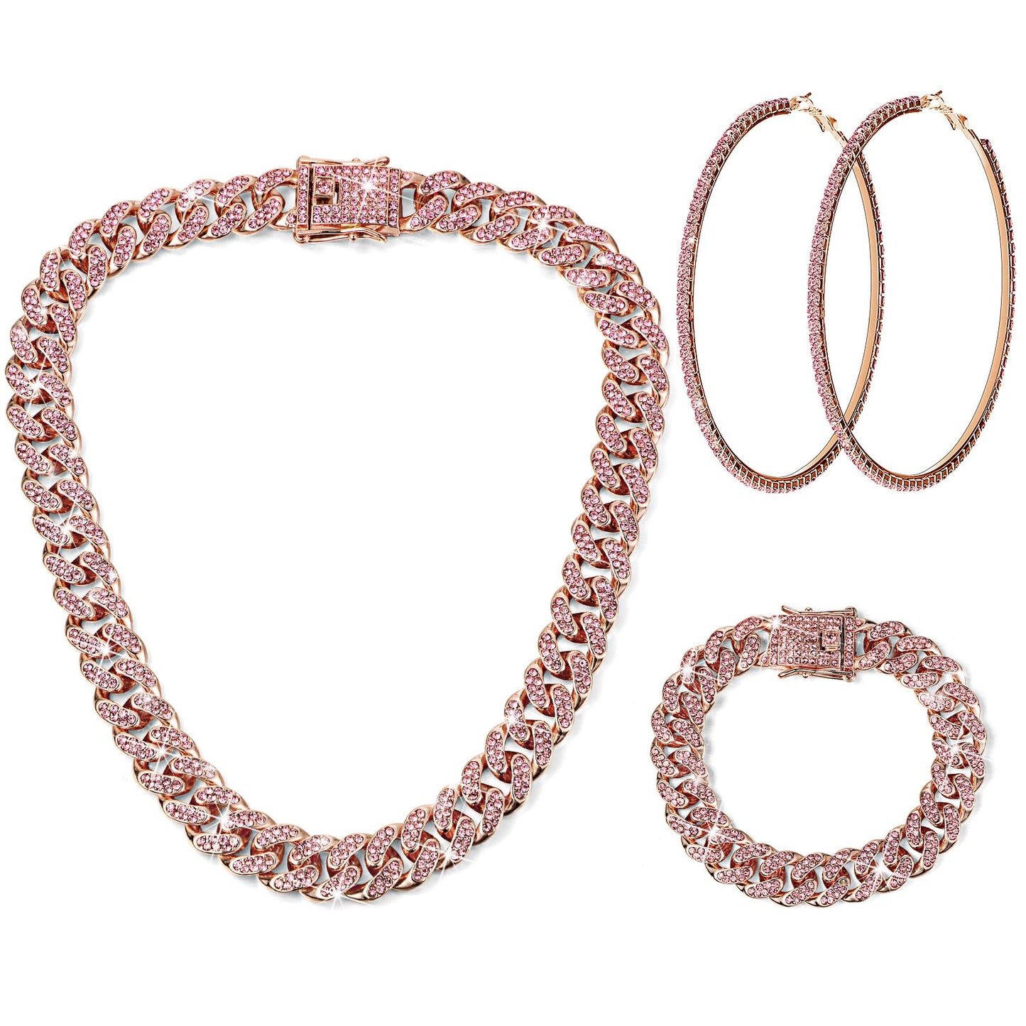 Batiyeer 3 Pcs Cuban Link Chain Necklace Bracelet Rhinestone Hoop Earrings Bling Crystal Hip Hop Jewelry for Women(18 Inch,Gold)