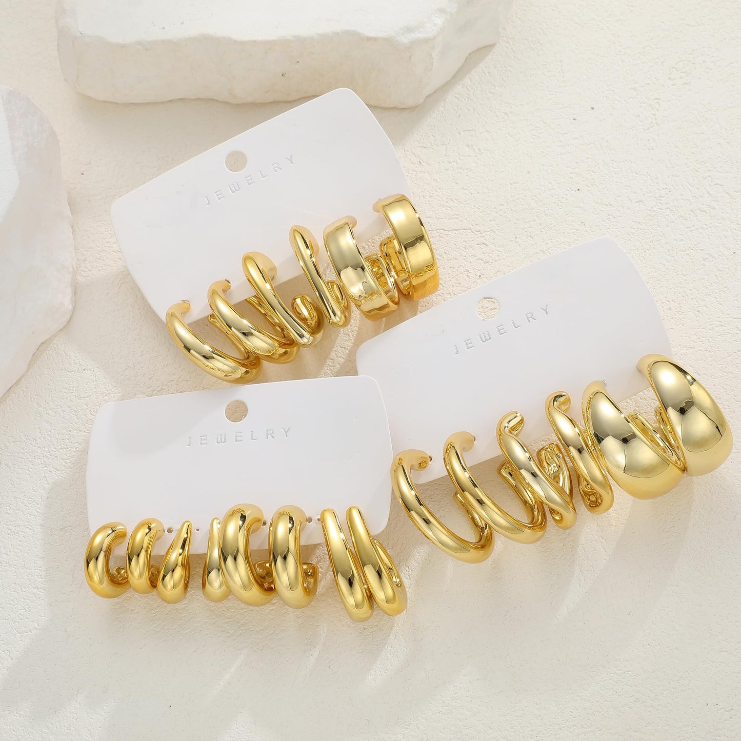 12 Pairs Chunky Gold Hoop Earrings for Women Trendy, Gold Plated Lightweight Hypoallergenic Stack, Thick Open Twisted Huggie Hoops Earring Set