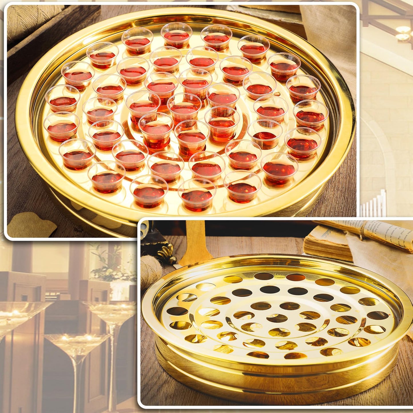 Jingmore Communion 2 Trays with Lid Christmas Holy Wine Serving Trays House up 80 Cups Stacking Stainless Steel Churches Ware Wine Bread Christmas Party Supplies (Gold)