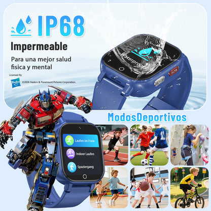 Transformers 4G Kids Smart Watch Phone, GPS, Video Call, Waterproof - Pink | Smartwatch for Boys Girls Ages 4-12, Class Mode, SOS, Camera, Alarm, Touch Screen, Gifts with Bonus Woven Strap & SIM Card