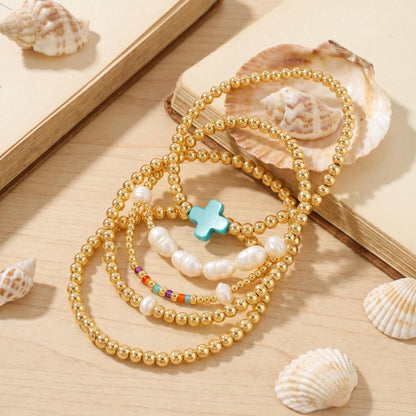 14K Gold Plated Pearl Beaded Cross Bracelets Stack Set for Women,Stretch Boho Colorful Christian Beads Ball Jewelry Friendship Summer Trendy Gift