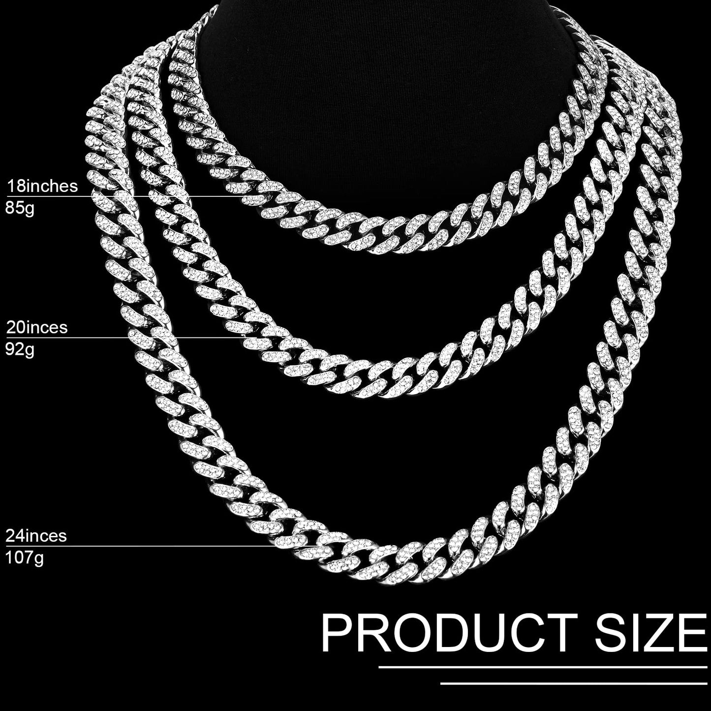 Batiyeer 3 Pcs Cuban Link Chain Necklace Bracelet Rhinestone Hoop Earrings Bling Crystal Hip Hop Jewelry for Women(18 Inch,Gold)