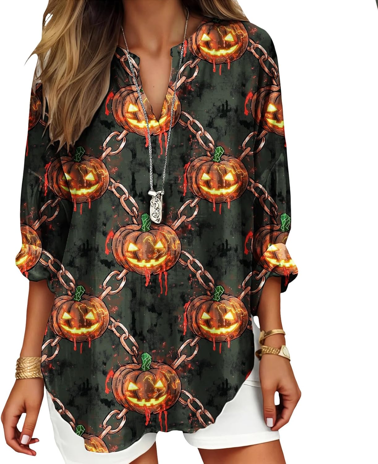 Womens Bohemian Print Tunic Top Cotton Blend V Neck Long Sleeve Loose Fit Casual Blouse for Summer Beach Vacation