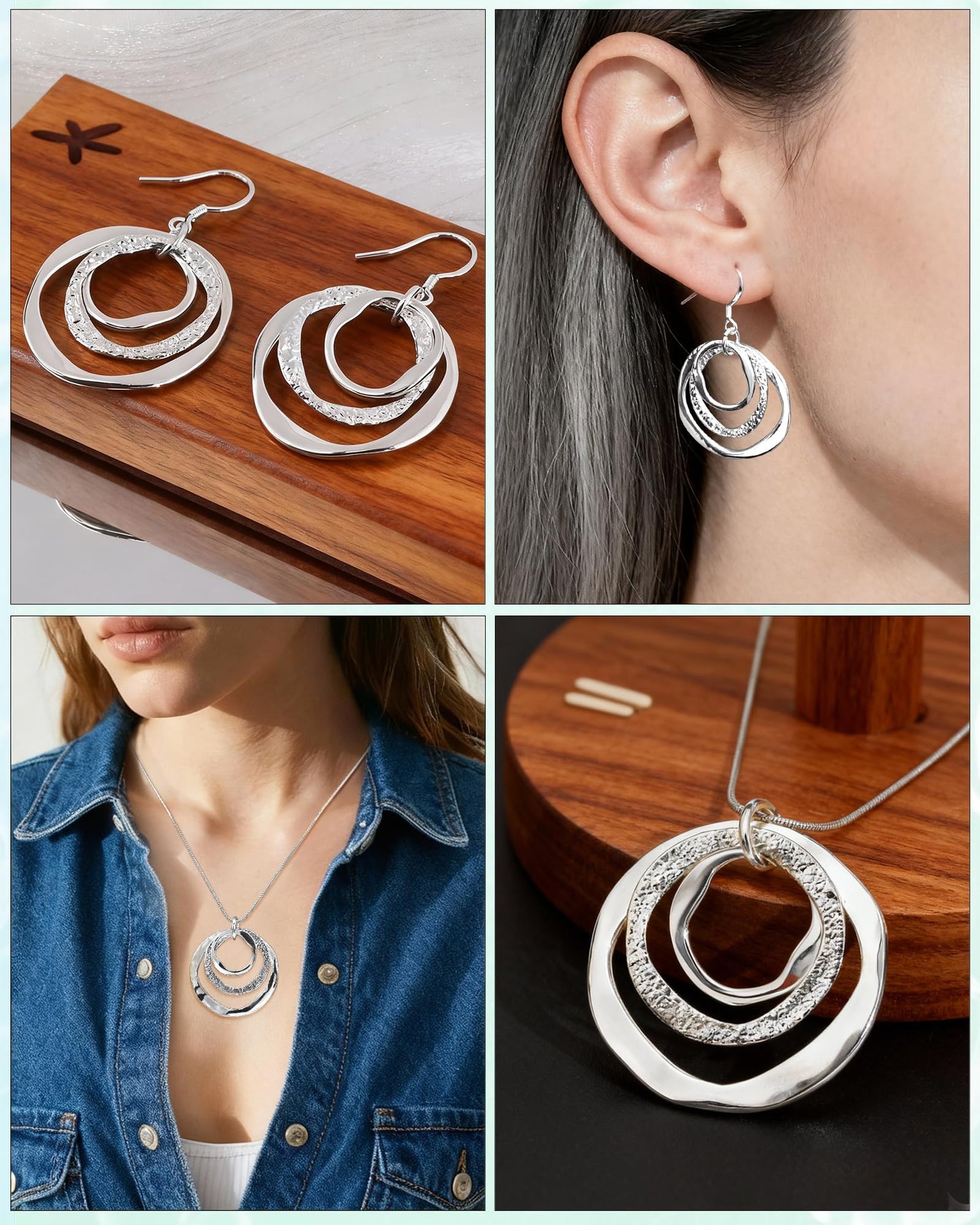 Hypoallergenic Silver Circle & Dangle Earrings and Necklace Set for Women Geometric Boho Style Hoop Jewelry for Women-Lightweight & Dangling-Gift for Bohemian Fashionistas