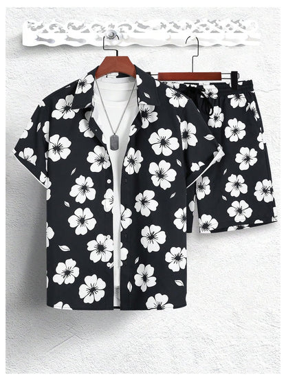 GORGLITTER Men's Vacation Beach Cruise Summer Outfits 2 Piece Shorts Set Hawaiian Button Down Shirt and Shorts