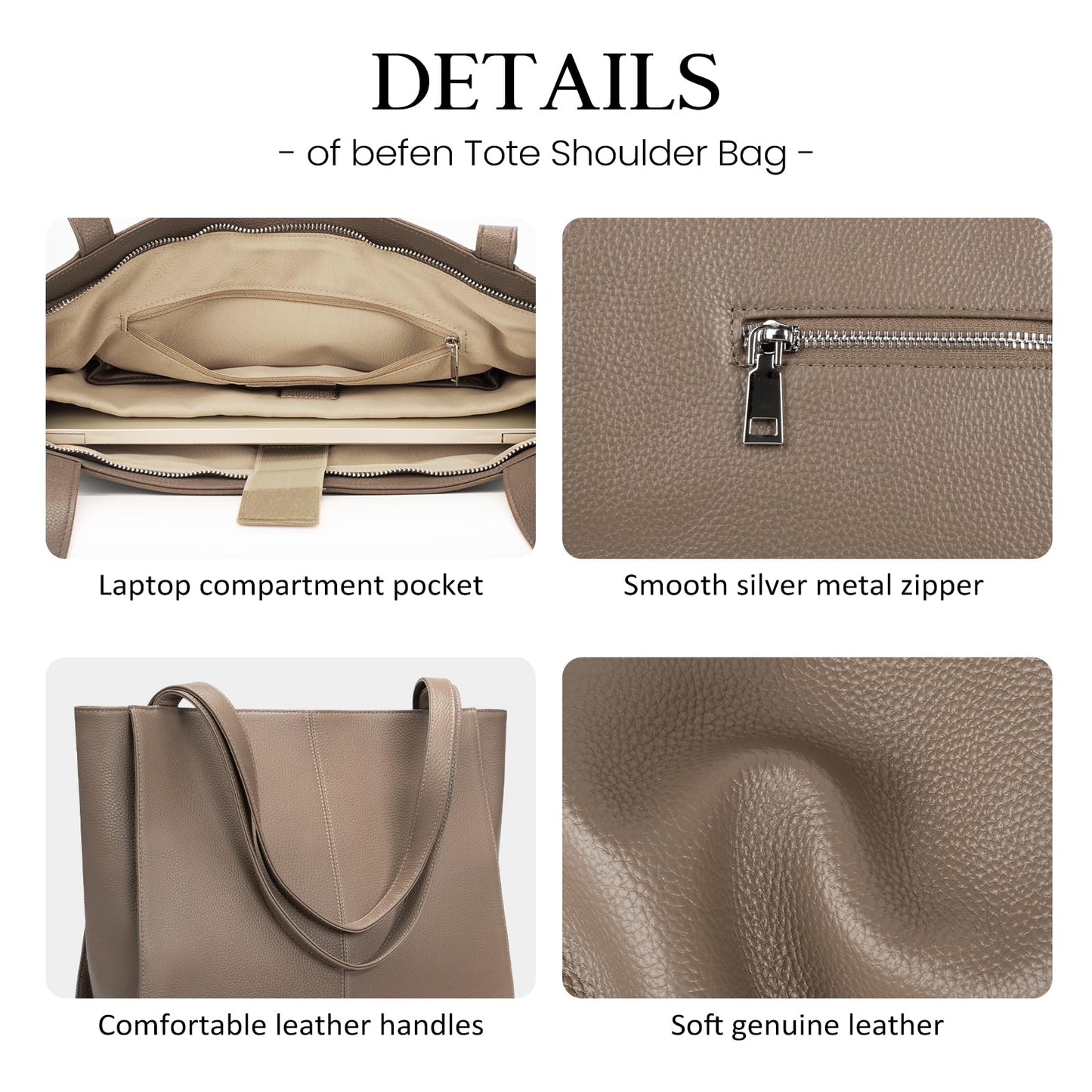 befen Genuine Leather Tote Bag for Women Work, Women's Leather Shoulder Bags Purses Satchel Handbags with Laptop Compartment