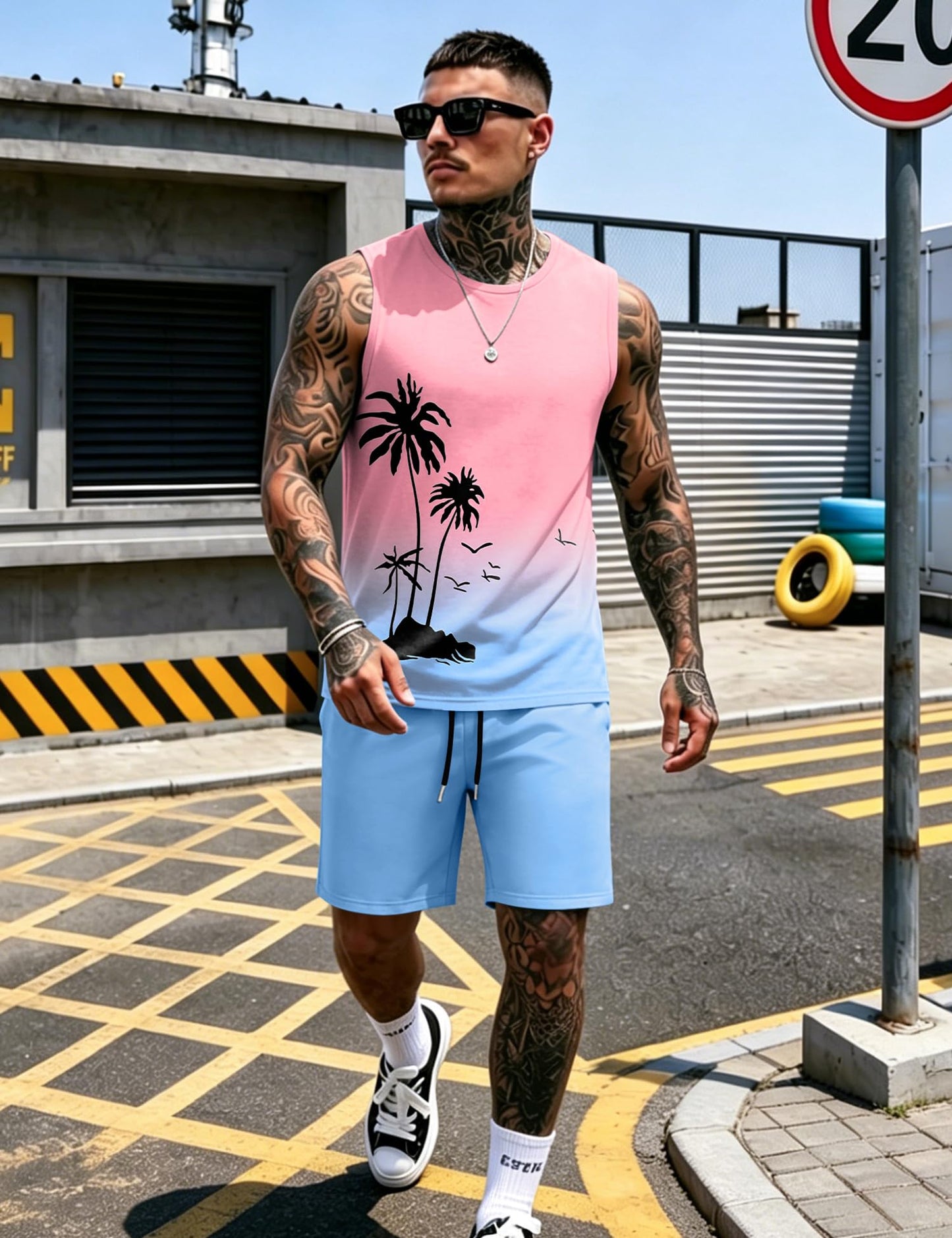 LecGee Men's 2 Piece Hawaiian Tank Tops Tropical Floral Beach Sleeveless Round neck T-shirt Casual Daily Beach Summer
