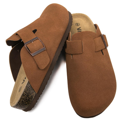 Women Suede Clogs Casual Slip On Potato Mule Slippers | Soft Suede Upper, Arch-Support Cork Insole, Adjustable Buckle, Anti-Slip Sole