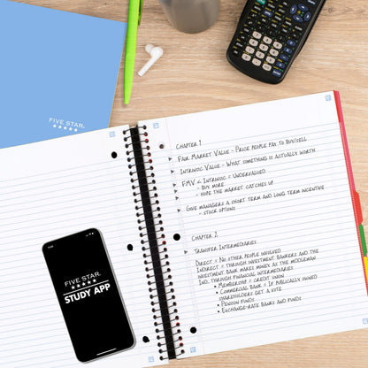 Five Star Advance Spiral Notebook + Study App, 5 Subject, College Ruled Paper, 8-1/2" x 11", 200 Sheets, Spiral Guard, Movable Tabbed Dividers, Black (73144)