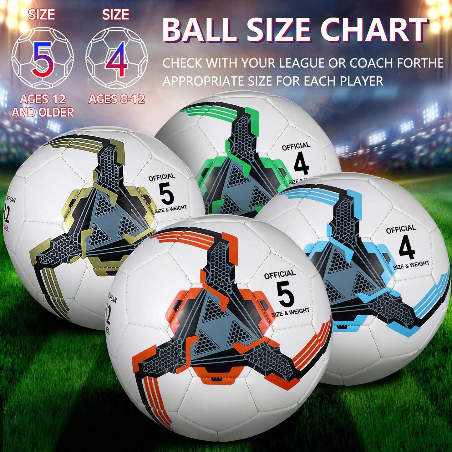 Tradder 4 Pack Soccer Ball with Pump Size 3 4 5 Deflated Soccer Ball for Outdoor Indoor Game Sport Practice Training Gift for Kid Youth Teen Adult Charity Donation
