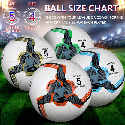 Tradder 4 Pack Soccer Ball with Pump Size 3 4 5 Deflated Soccer Ball for Outdoor Indoor Game Sport Practice Training Gift for Kid Youth Teen Adult Charity Donation