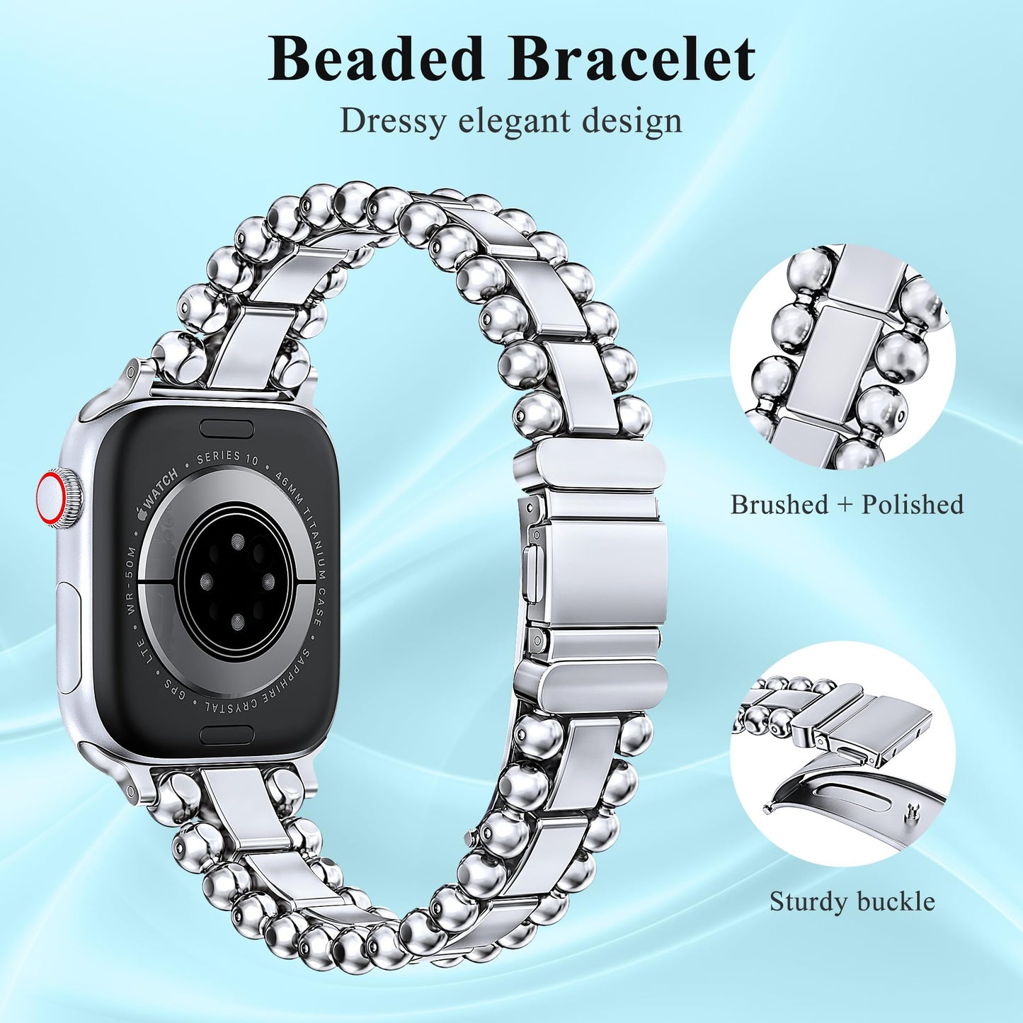 TOYOUTHS Beaded Bracelet Compatible with Apple Watch Bands 38/40/41/42/44/45/46/49mm Women, Dressy Fancy Stainless Steel Metal Elegant Jewelry Strap for iWatch Series 11 10 9 8 7 6 5 4 Ultra/SE 3 2 1
