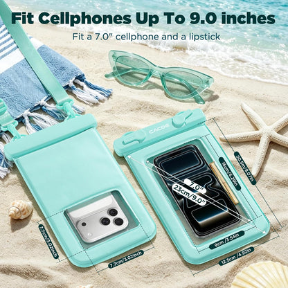 CACOE Floatable Waterproof Phone Pouch 2 Pack Up to 9.0", Black+Green | Floatable, IPX8 Waterproof Phone Case,Adjustable Lanyard,Dry Bags for Beach/Cruise/Travel/Camping/Kayak/Vacation Essentials