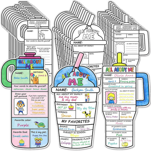 All About Me Posters 36Pcs Water Cup Theme All About Me Star Student Poster | Coloring Self-Introduction Poster for Kids Kindergarten Elementary Classroom Decor School Classroom Decor Party Supplies