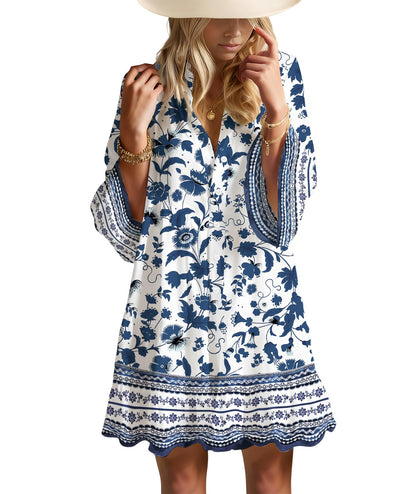 Opemiby Summer Dresses for Women 2026 Flowy Ruffle 3/4 Sleeve V Neck Tiered Casual Babydoll Boho Beach Mini Dress