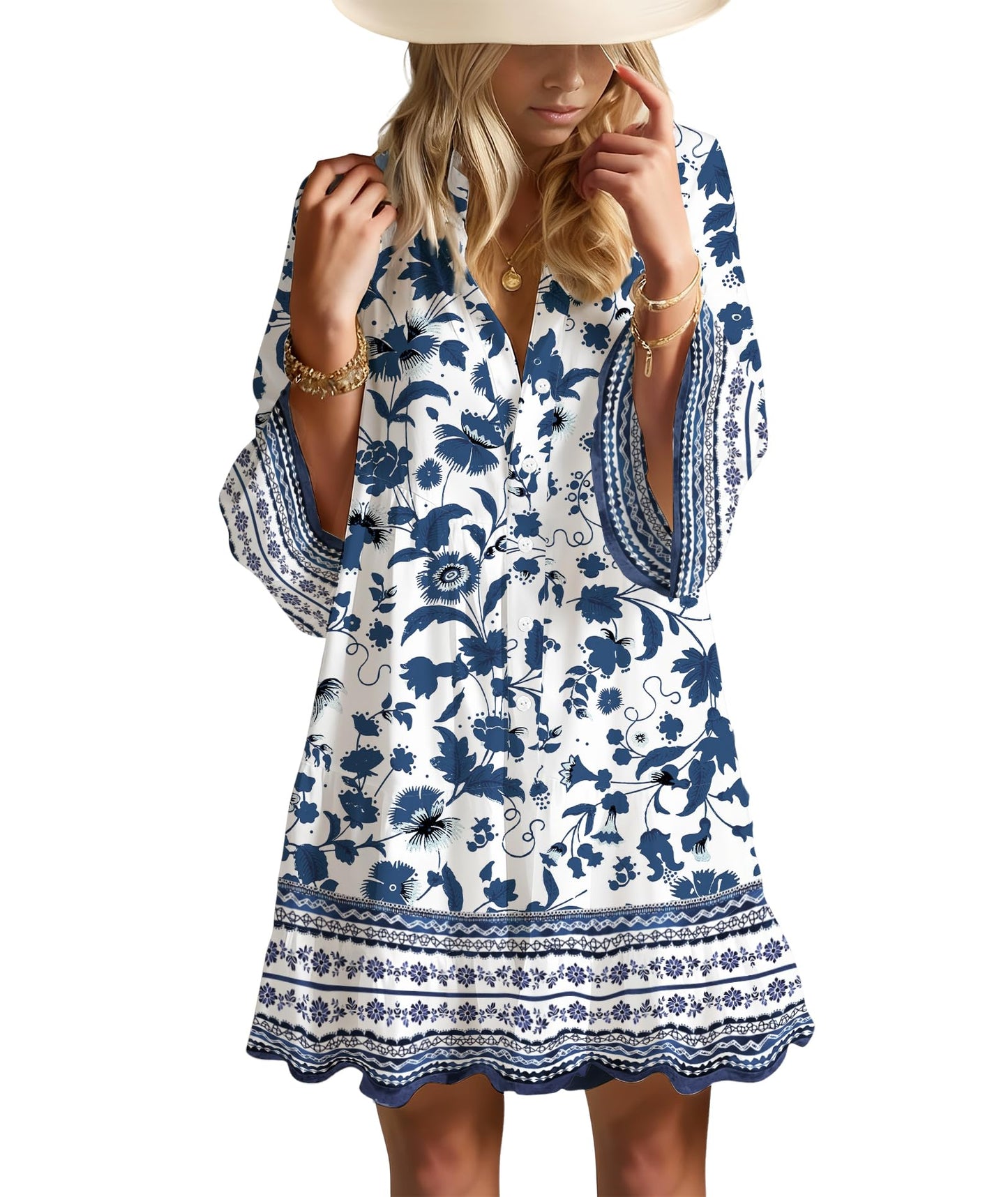 Opemiby Summer Dresses for Women 2026 Flowy Ruffle 3/4 Sleeve V Neck Tiered Casual Babydoll Boho Beach Mini Dress