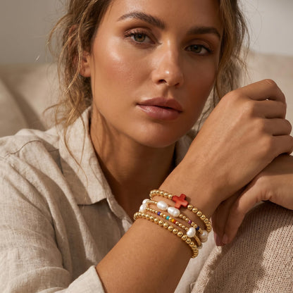 14K Gold Plated Pearl Beaded Cross Bracelets Stack Set for Women,Stretch Boho Colorful Christian Beads Ball Jewelry Friendship Summer Trendy Gift