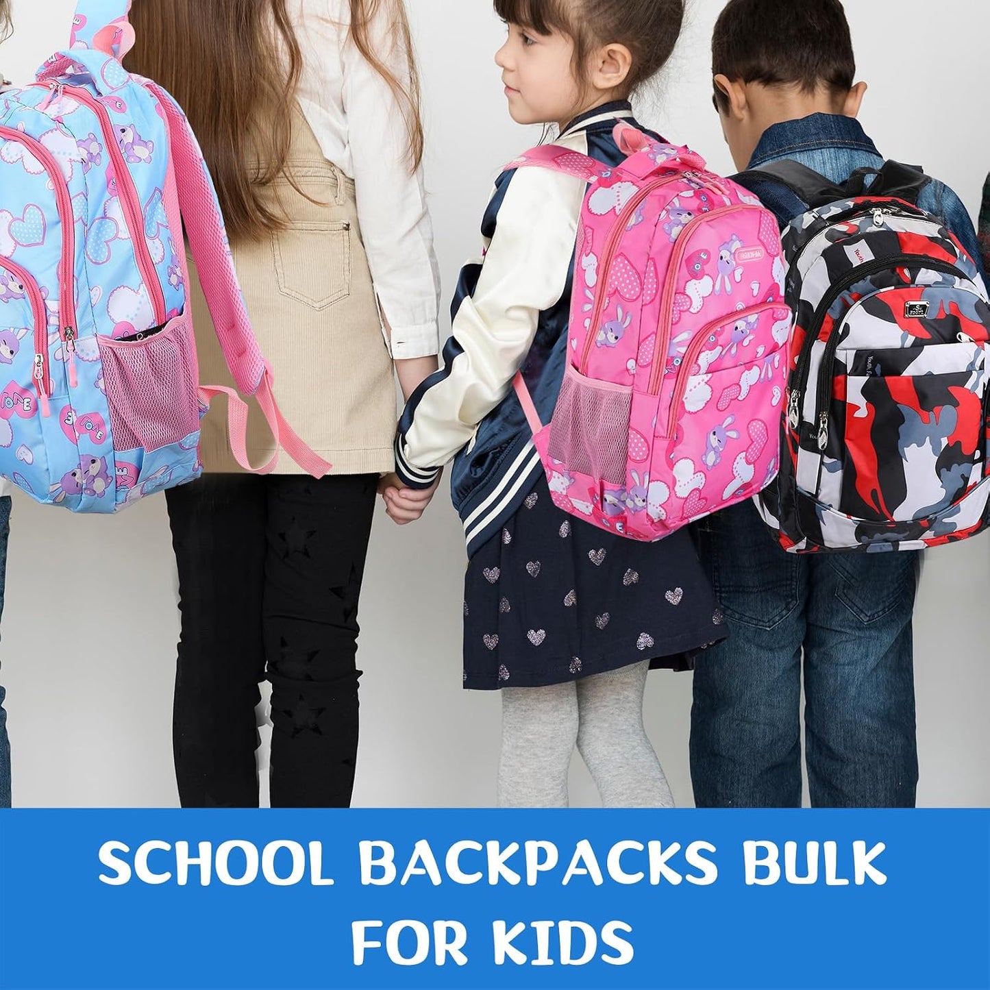 PerKoop 8 Pieces Backpacks Boys and Girls 17 Inch School Bag Bulk Printed Student Backpacks with Adjustable Padded Straps and Bottle Holder for Back to School Elementary Middle High School, 8 Color