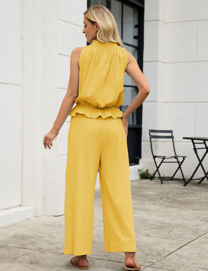 Tanming Women's Linen 2 Piece Outfits Sleeveless Ruffle Top Wide Leg Pants Summer Loungewear Beach Travel Sets