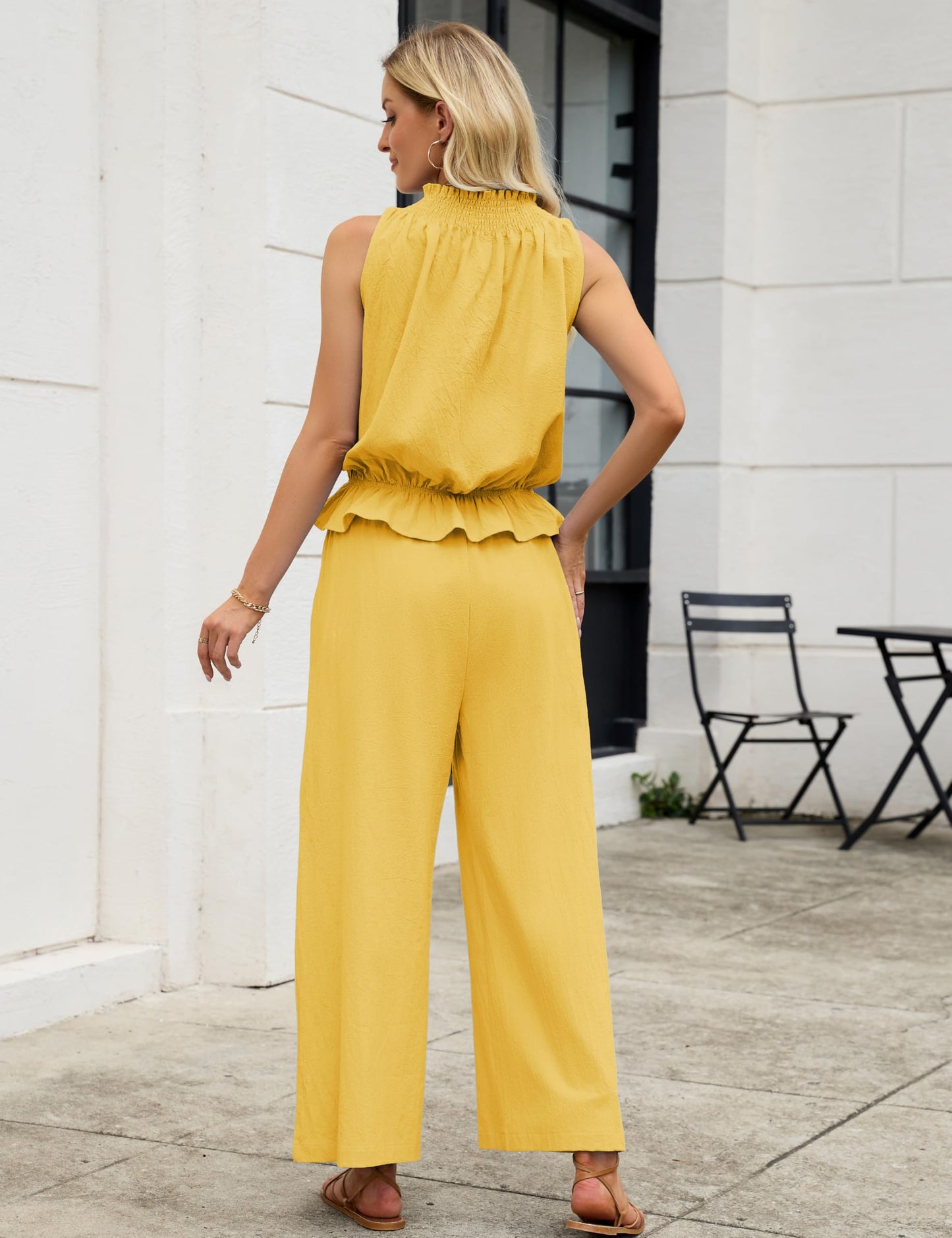 Tanming Women's Linen 2 Piece Outfits Sleeveless Ruffle Top Wide Leg Pants Summer Loungewear Beach Travel Sets
